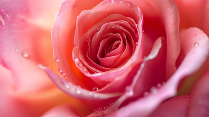 Close up macro shot of a gradient pink rose flower petals with raindrops for background or wallpaper.