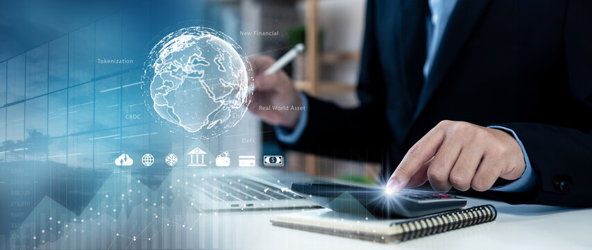 Real world asset (RWA) or tokenized asset of new financial innovation concept, businessman calculate assets to the process of issuing a digital representation of an asset on a blockchain, new economic