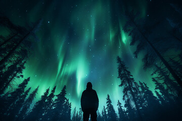 fresh and pure human with image captures awe-inspiring beauty of Northern Aurora, with a human silhouette gazing up at ethereal lights, evoking a sense of wonder and a deep connection to cosmos - obrazy, fototapety, plakaty