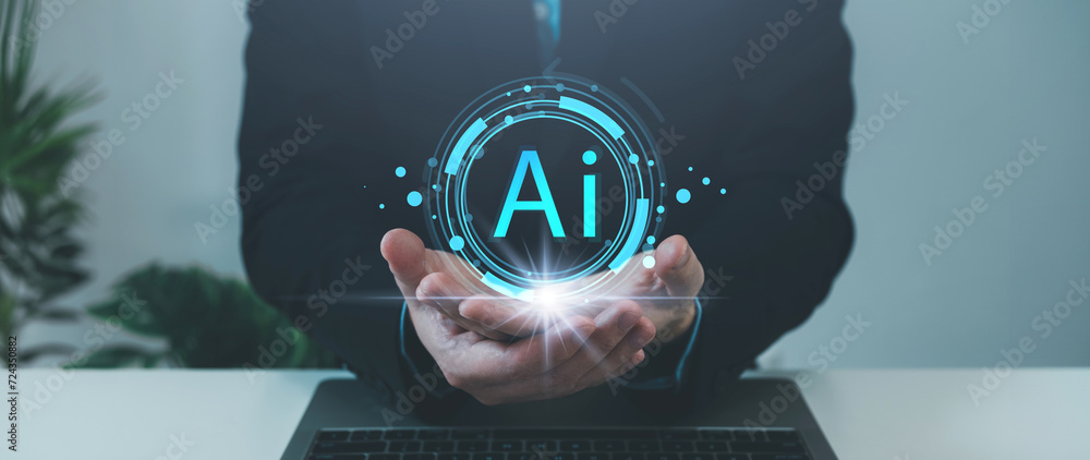 Poster ai-powered efficiency in global management concept, businessman showing ai icons, innovative softwar