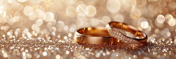 Golden wedding bands on table with bokeh background - obrazy, fototapety, plakaty
