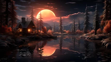 Fotobehang Fantasy landscape with a wooden house on the shore of a mountain lake. 3D illustration © Iman
