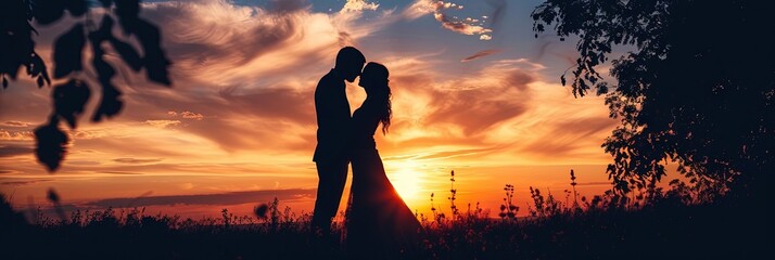 Silhouette of bride and groom kissing at sunset