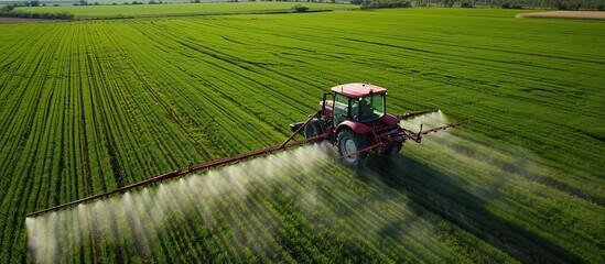 Tractor is spraying on green agricultural field