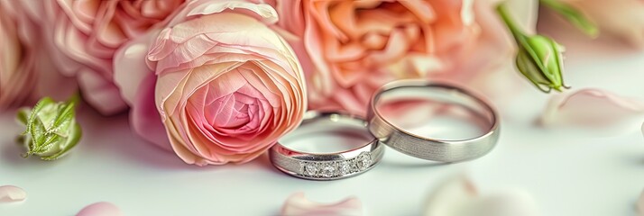 wedding rings with flowers on solid background