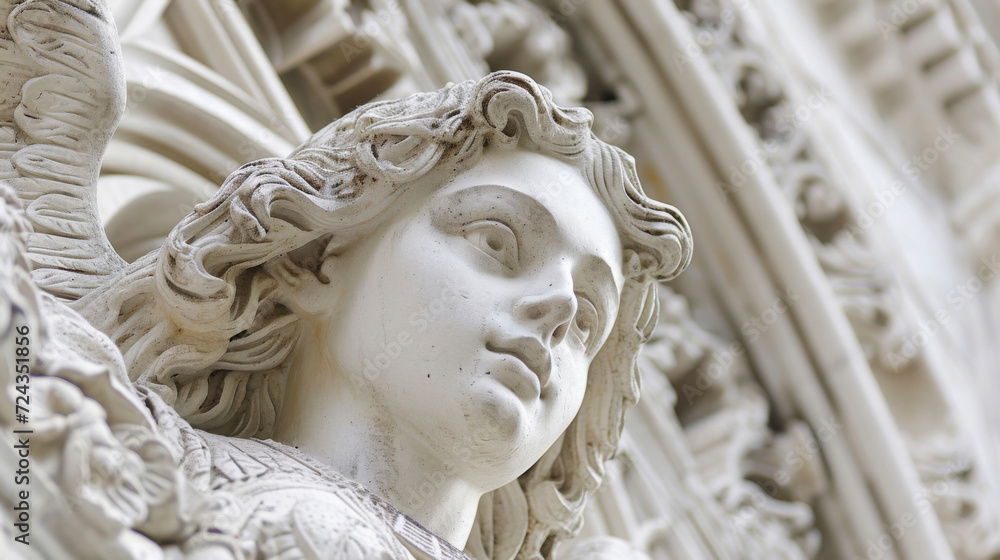 Wall mural the face of an angel sculpted in the style of the renaissance gazes serenely down from the heights o