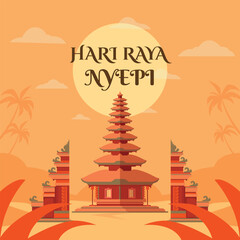Balinese Nyepi Day and Hindu New Year. Nyepi day illustration suitable for banners and poster templates with the concept of silhouettes and Hindu temple statues on an orange background.