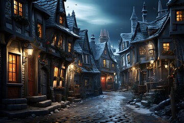 Fantasy night scene with old wooden houses in the middle of the street