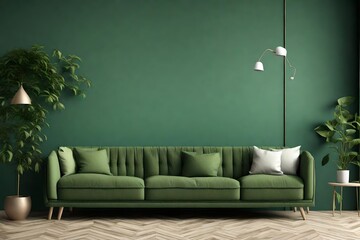 Interior mockup green wall with green sofa and decor in living room.3d rendering