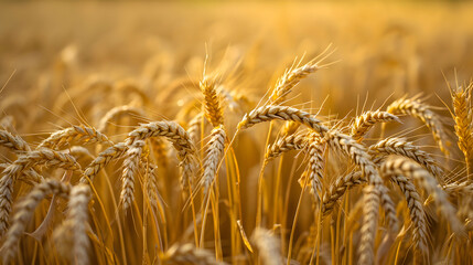 Close up of Golden ripening ears of wheat field. Harvest Time Concept.