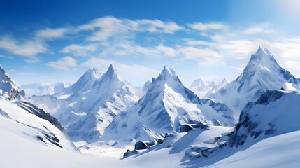 Fototapeta na wymiar Panoramic view of snow-capped mountains and blue sky
