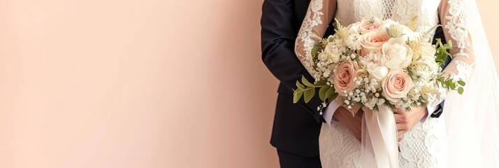 Bride and groom holding wedding bouquet isolated on solid background with copy space