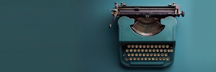 Old fashioned typewriter on solid background, panoramic banner with copy space