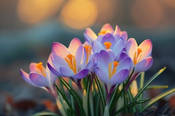 Obraz na płótnie Canvas Purple crocuses against evening sunset, golden rays softly lighting the flowers.