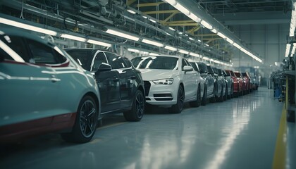 Mass production assembly line of modern cars in factory