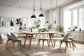 Scandinavian style living and dining room.