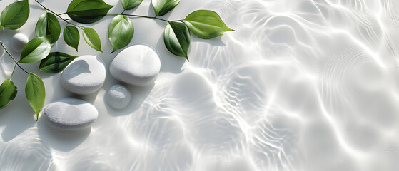 Transparent water surface with tropical green leaf and white stones, sunlight reflection, beauty backdrop, spa and wellness, copy space, mock up, top view.