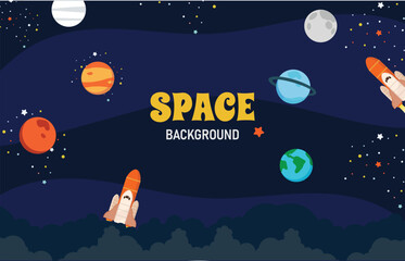 Cute Template background with Astronaut, Spaceship, Rocket, Moon, Black Hole, Stars in Space.