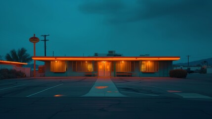 Rural motel exterior, teal and orange color grade
