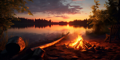 fire in the forest, There is a campfire in the middle of a lake with a ladder generative ai, A campfire by the lake with a sunset in the background, GENERATIVE AI,