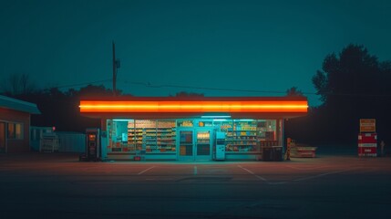 Exterior of a rural supermarket, at night, teal and orange color palette