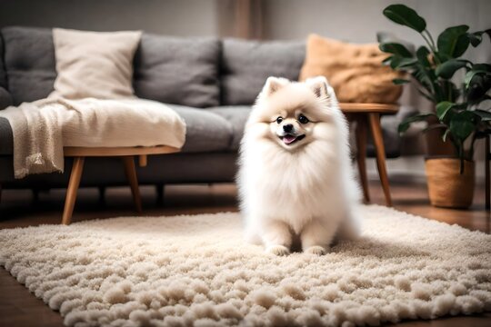 A cute white Pomeranian puppy sitting on a rug in the living room.