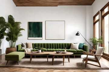 a living room with white walls and wood furniture in the middle part of the room, there is a green sofa