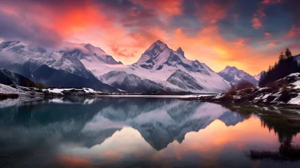 Zelfklevend Fotobehang Panoramic view of snow capped mountains reflected in lake at sunset © Iman