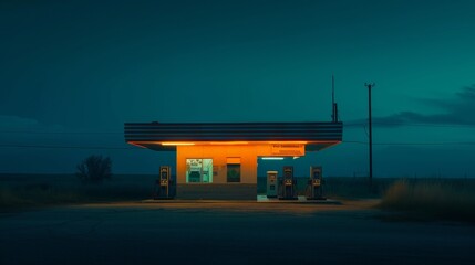 Exterior of a rural gas station, at night, teal and orange color palette