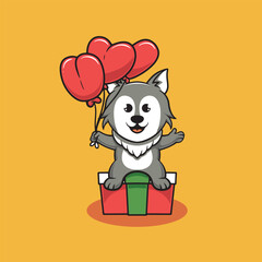 Cute wolf with red balloon cartoon illustration
