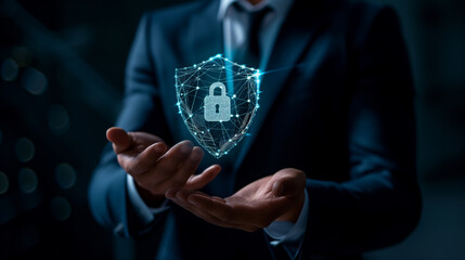 A businessman in a suit displays a floating holographic shield symbolizing cybersecurity and data protection in a dark setting..