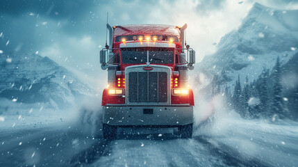 A truck driver navigating through snowy road, a challenging weather conditions with determination and a positive spirit.