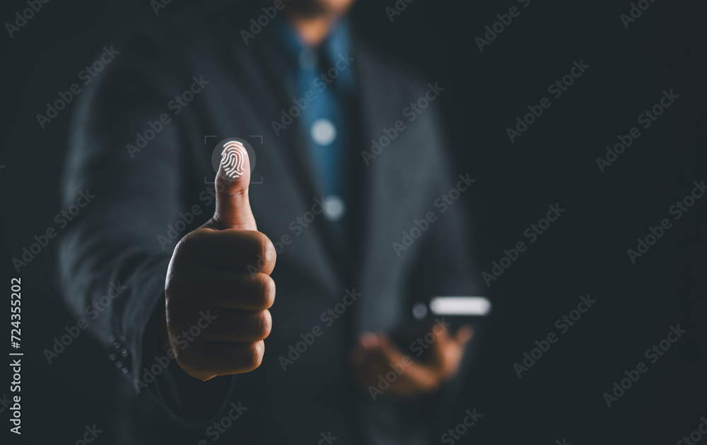 Poster businessman scan fingerprint biometric identity and approval. concept of the future of security and password control through fingerprints in an immersive technology future and cybernetic.