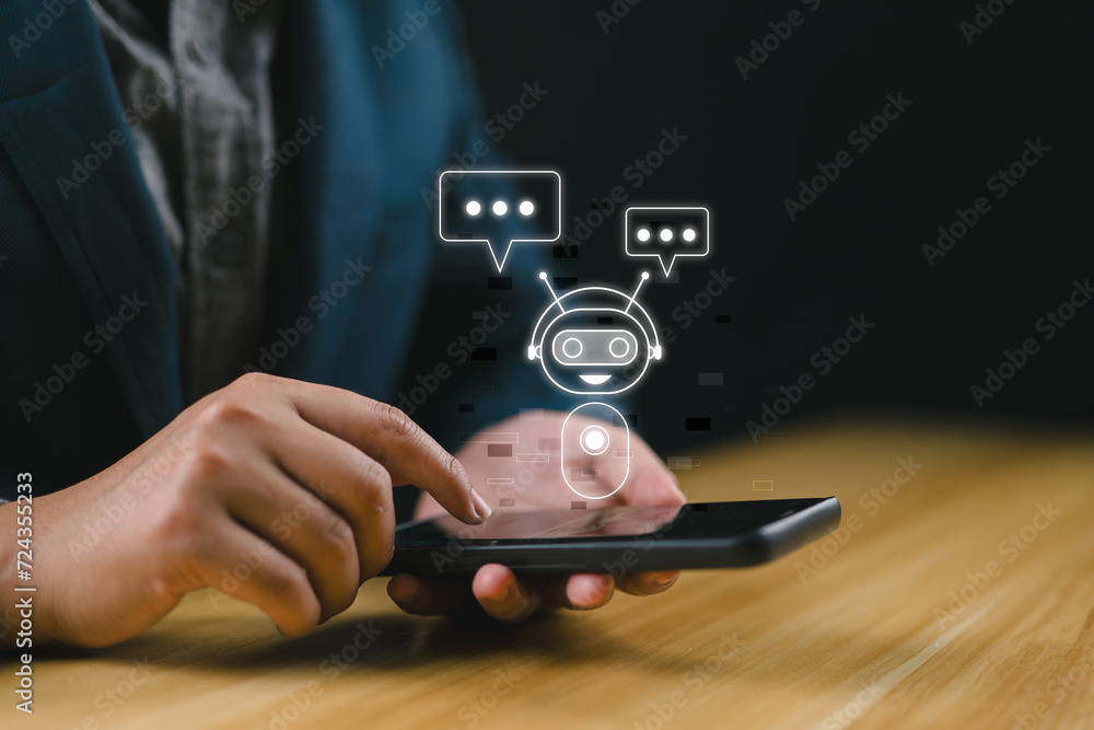 Poster AI Chatbot intelligent digital customer service application concept, computer mobile application uses artificial intelligence chatbots automatically respond online messages to help customers instantly
