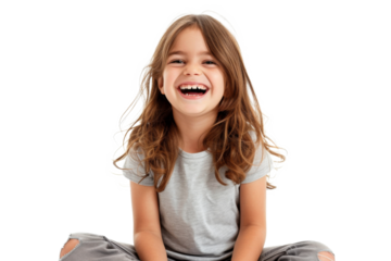 Studio portrait of a cute happy little girl with a beautiful smile isolated on transparent png background.