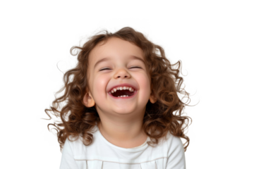 Studio portrait of a cute happy little girl with a beautiful smile isolated on transparent png background.