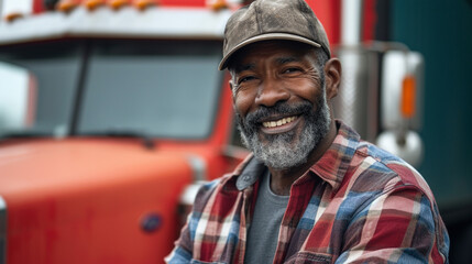 A senior-aged truck driver happily posing with their rig, showcasing pride in their profession. Portrait of professional people at work.