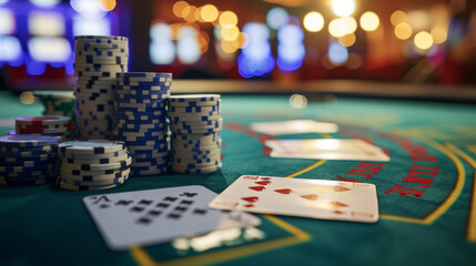 Cartas de poker y fichas en una mesa de casino. Creado con IA