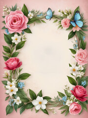 Vintage Floral Frame with Butterflies, Romantic Style, Nature Concept - Classic Design for Greeting Cards, Wedding Invitations with Copy Space