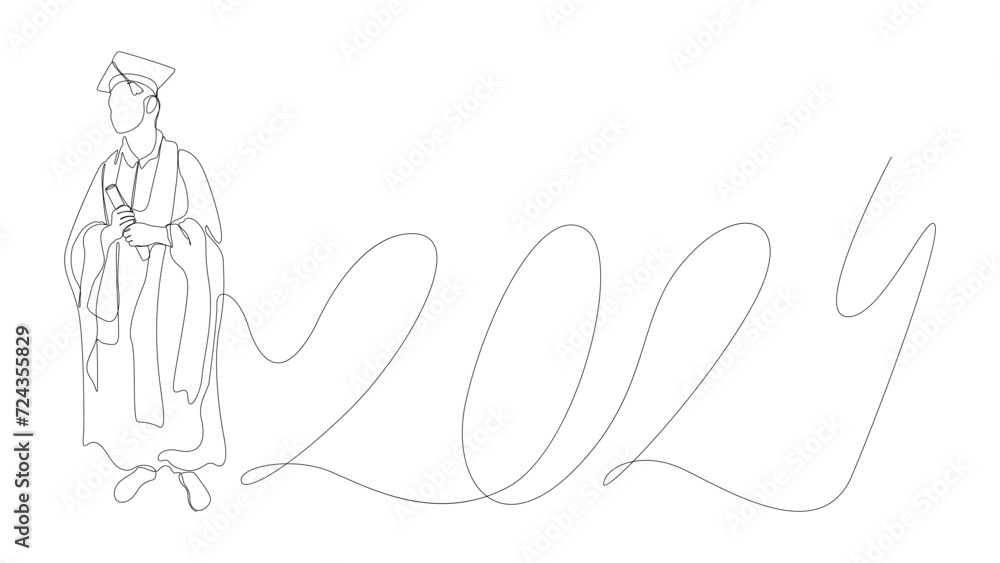 Poster one continuous line of university student graduation with number 2024. thin line illustration vector