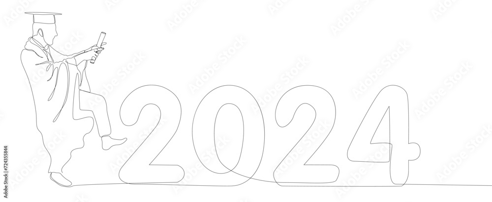 Poster one continuous line of university student graduation with number 2024. thin line illustration vector