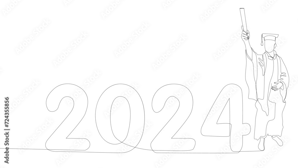 Poster one continuous line of university student graduation with number 2024. thin line illustration vector