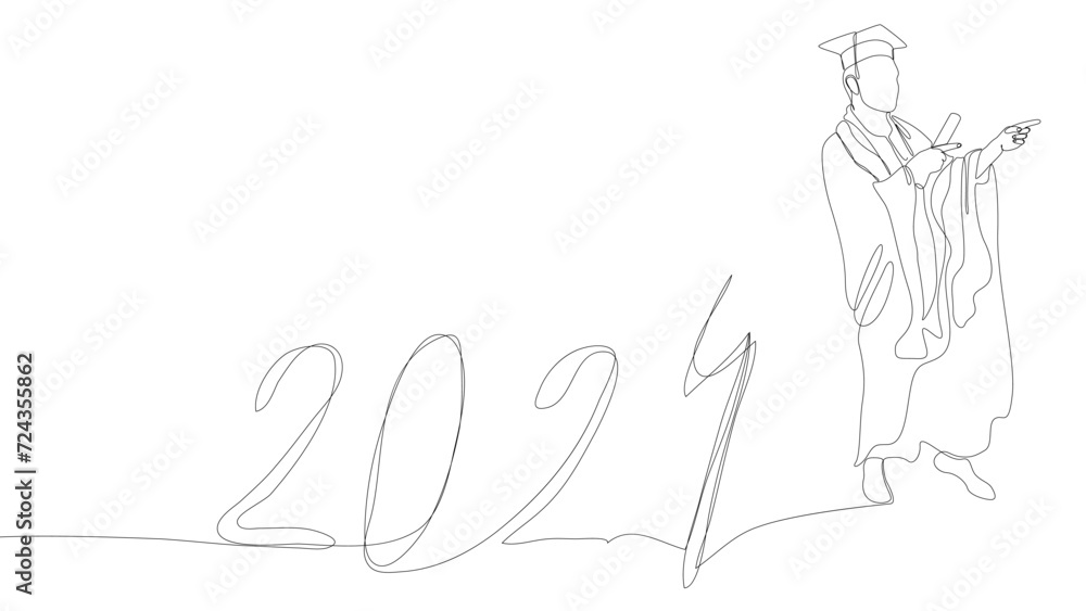 Poster one continuous line of university student graduation with number 2024. thin line illustration vector