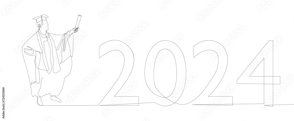 Poster one continuous line of university student graduation with number 2024. thin line illustration vector