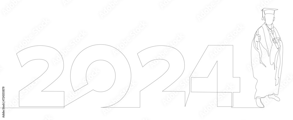 Poster one continuous line of university student graduation with number 2024. thin line illustration vector
