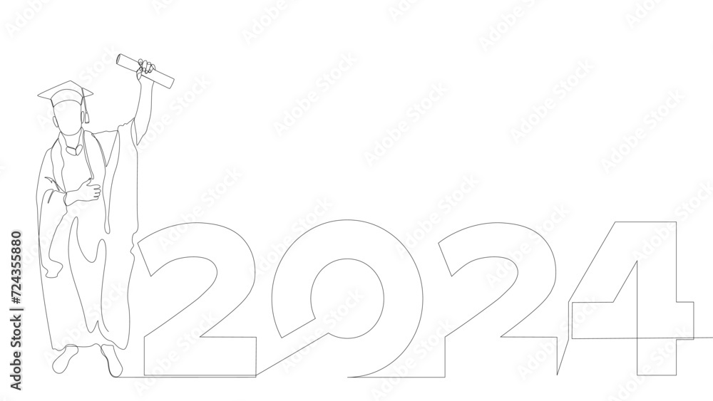 Poster one continuous line of university student graduation with number 2024. thin line illustration vector