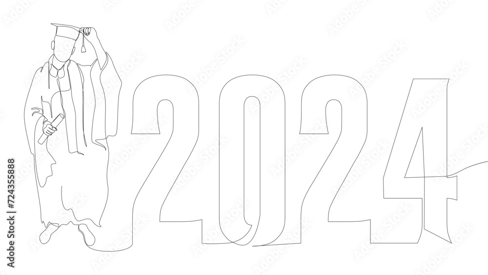 Poster one continuous line of university student graduation with number 2024. thin line illustration vector