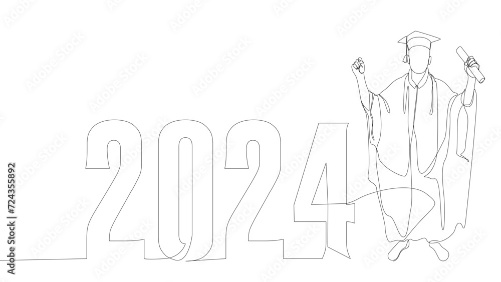 Poster one continuous line of university student graduation with number 2024. thin line illustration vector