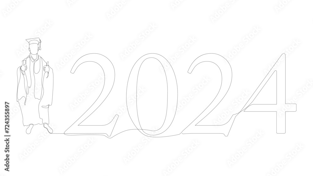 Poster one continuous line of university student graduation with number 2024. thin line illustration vector