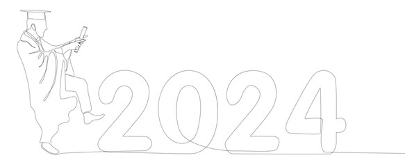 One continuous line of university student graduation with number 2024. Thin Line Illustration vector concept. Contour Drawing Creative ideas.